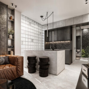 Ανοιχτή κουζίνα με marble πάγκο, glass blocks και σκούρες υφές σε μοντέρνο σχεδιασμό μικρού διαμερίσματος