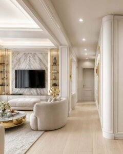 Μελέτη interior design κατοικίας με σύγχρονη κλασική αισθητική, ξύλινο δάπεδο, μάρμαρο, ειδικές κατασκευές και premium φωτισμό.