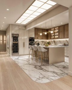 Μελέτη interior design κατοικίας με σύγχρονη κλασική αισθητική, ξύλινο δάπεδο, μάρμαρο, ειδικές κατασκευές και premium φωτισμό.