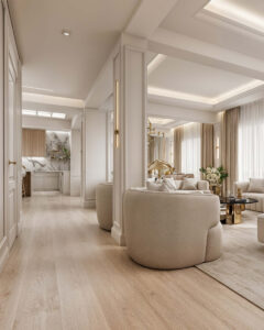 Μελέτη interior design κατοικίας με σύγχρονη κλασική αισθητική, ξύλινο δάπεδο, μάρμαρο, ειδικές κατασκευές και premium φωτισμό.