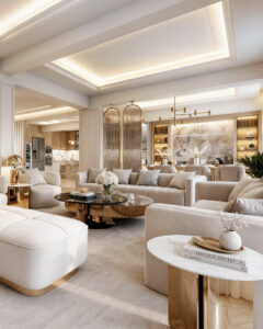 Μελέτη interior design κατοικίας με σύγχρονη κλασική αισθητική, ξύλινο δάπεδο, μάρμαρο, ειδικές κατασκευές και premium φωτισμό.