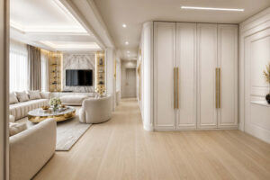 Μελέτη interior design κατοικίας με σύγχρονη κλασική αισθητική, ξύλινο δάπεδο, μάρμαρο, ειδικές κατασκευές και premium φωτισμό.