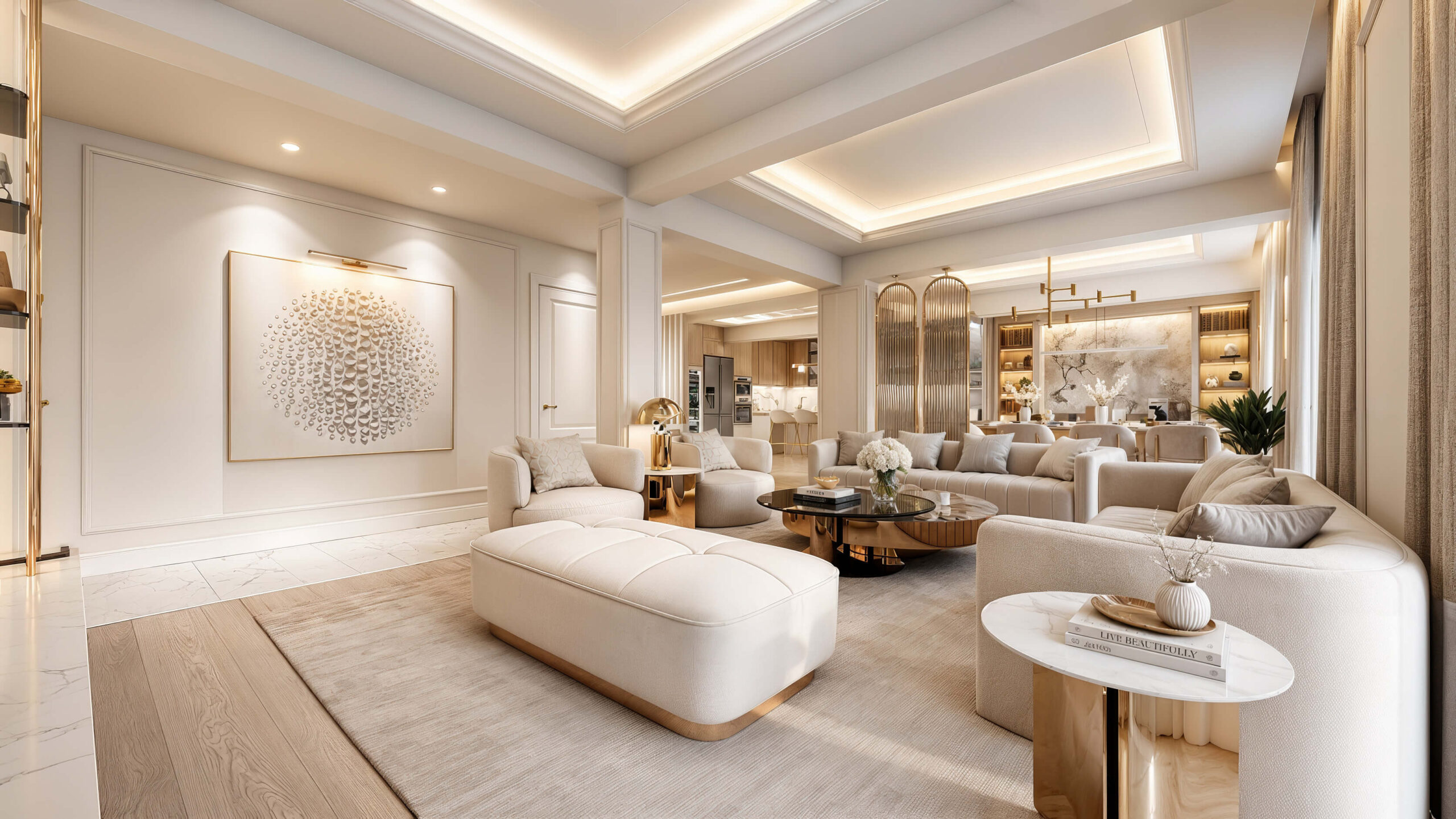 Μελέτη interior design κατοικίας με σύγχρονη κλασική αισθητική, ξύλινο δάπεδο, μάρμαρο, ειδικές κατασκευές και premium φωτισμό.