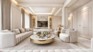 Μελέτη interior design κατοικίας με σύγχρονη κλασική αισθητική, ξύλινο δάπεδο, μάρμαρο, ειδικές κατασκευές και premium φωτισμό.