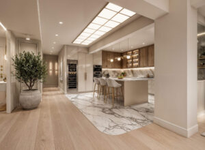 Μελέτη interior design κατοικίας με σύγχρονη κλασική αισθητική, ξύλινο δάπεδο, μάρμαρο, ειδικές κατασκευές και premium φωτισμό.