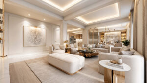 Μελέτη interior design κατοικίας με σύγχρονη κλασική αισθητική, ξύλινο δάπεδο, μάρμαρο, ειδικές κατασκευές και premium φωτισμό.