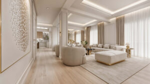 Μελέτη interior design κατοικίας με σύγχρονη κλασική αισθητική, ξύλινο δάπεδο, μάρμαρο, ειδικές κατασκευές και premium φωτισμό.