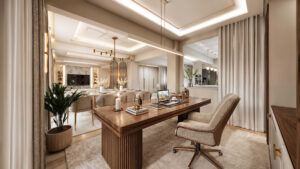 Μελέτη interior design κατοικίας με σύγχρονη κλασική αισθητική, ξύλινο δάπεδο, μάρμαρο, ειδικές κατασκευές και premium φωτισμό.